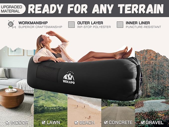 WEKAPO Inflatable Couch with Pump - Easiest Setup Crazy Comfy &amp Ultralight - Blow up Lounger Chair Perfect for Hiking Camping Beach Festivals - Lightweight Air Sofa for Relaxing Anywhere (Blac