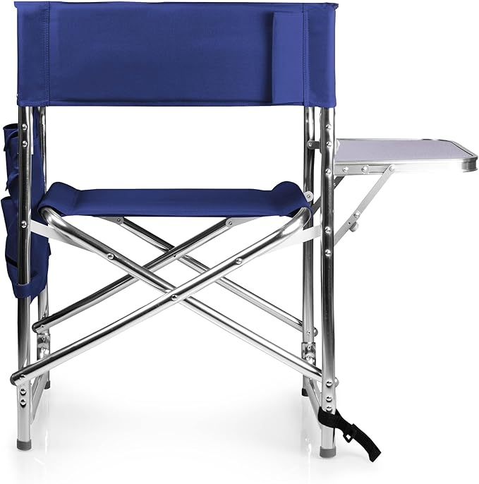 PICNIC TIME Sports Chair with Side Table and Armrest Caddy Lightweight Aluminum Folding Outdoor Camping Chair for Adults Portable Director Style Lawn Seating with Pockets &amp Carry Strap (Navy Bl