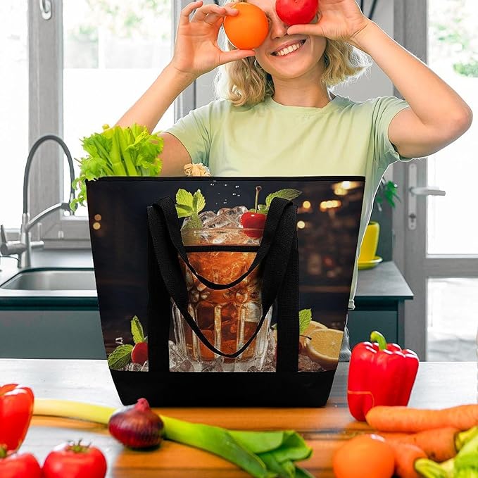 Insulated Shopping BagLarge Reusable Cooler Bags Classic Cocktail Printed Foldable Shopping BagTravel Waterproof Shoulder Bag