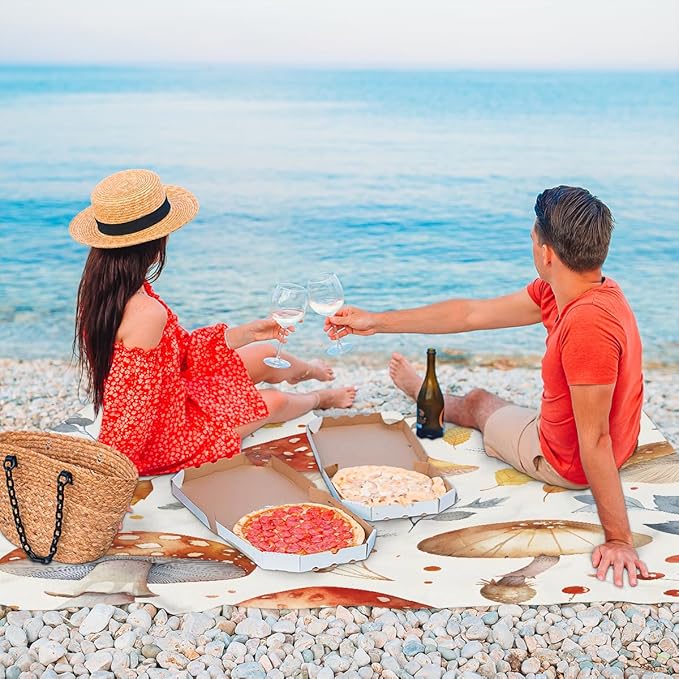 Waterproof Sandproof Beach Blanket 59''×68'' Mushroom Polyester Outdoor Picnic Blanket with 4 Stakes &amp Storage Bag for BeachCampingVacation Orange-Yellow