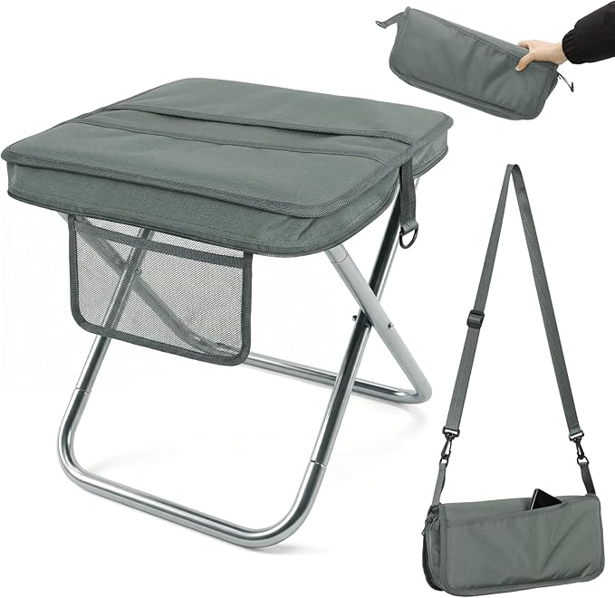 AOUTACC Camping Stool with Shoulder StrapUltralight Collapsible Handbag Style StoolPocket Portable Chair for Camping Travel Fishing Hiking Beach Backpacking Gardening Picnics-XL(Grey)