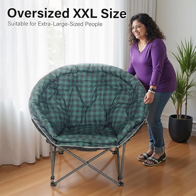 Oversized XXL Folding Round Camping ChairSuper Comfy Padded Moon Camp ChairsHeavy Duty Supports 200 Kg Outdoor Lawn Chairs for AdultsPerfect for IndoorFamily CampingHikingPicnics and Garden