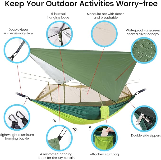 Camping Hammock with Mosquito Net &amp Rain Fly Tent Tarp &amp Tree Straps Portable Strong Nylon Hammock Parachute Tent w/Storage Bag for Camping Hiking Backyard Outdoor Backpacking Travel