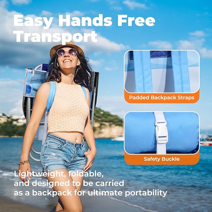 Tall Beach Chairs for Adults – 5-Position Reclining Backpack Chair with Large Insulated Cooler &amp Storage Pocket Aluminum Frame Portable for Travel &amp Outdoor Supports 300lbs Wave Blue