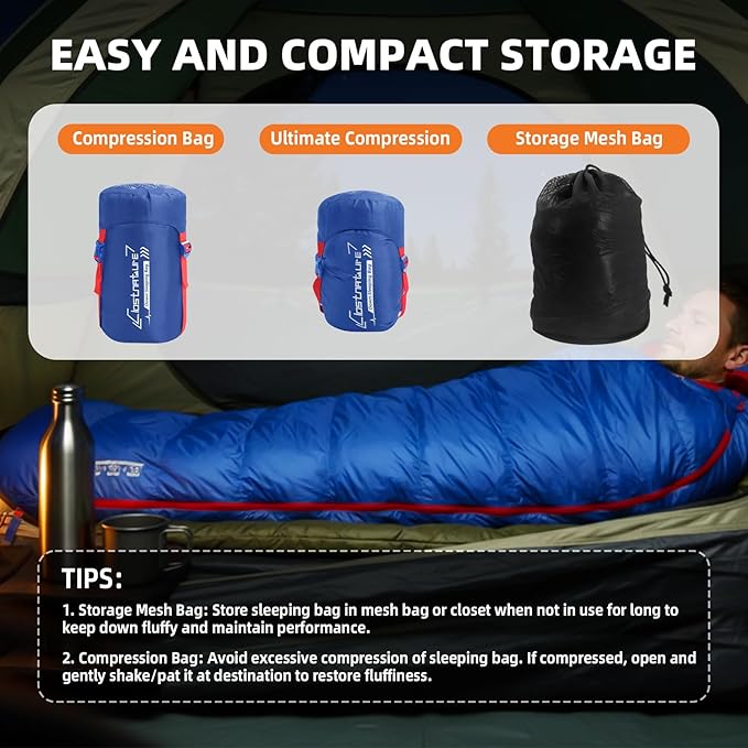 Clostnature Down Sleeping Bag for Adults - 20D 550 Fill Power Backpacking Mummy Sleeping Bag for 16°F - 45°F Lightweight 4 Season Clod Weather Camping Gear with Compression Sack