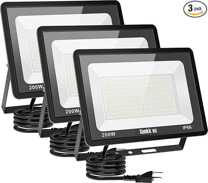 200W LED Flood Lights 3 Pack Outdoor IP66 Waterproof 24000LM Bright Security Light Outside Lamp Exterior Floodlights Lighting for Garage Garden Stadium Yard Arena