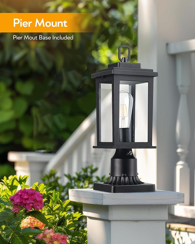VIANIS Post Lights Outdoor 2 Pack Outdoor Post Lights Dusk to Dawn Black Pole Lights Outdoor with Tempered Glass Post Lantern for Garden Driveway Entryway Anti-Rust (Hardwired Non-Solar)