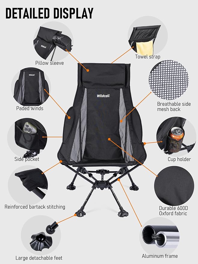 WildCall Lightweight Folding High Back Camping Chair with Head Support Compact Beach Chair with Anti-Sinking Large Feet and Three Tilt Angles Adjustment