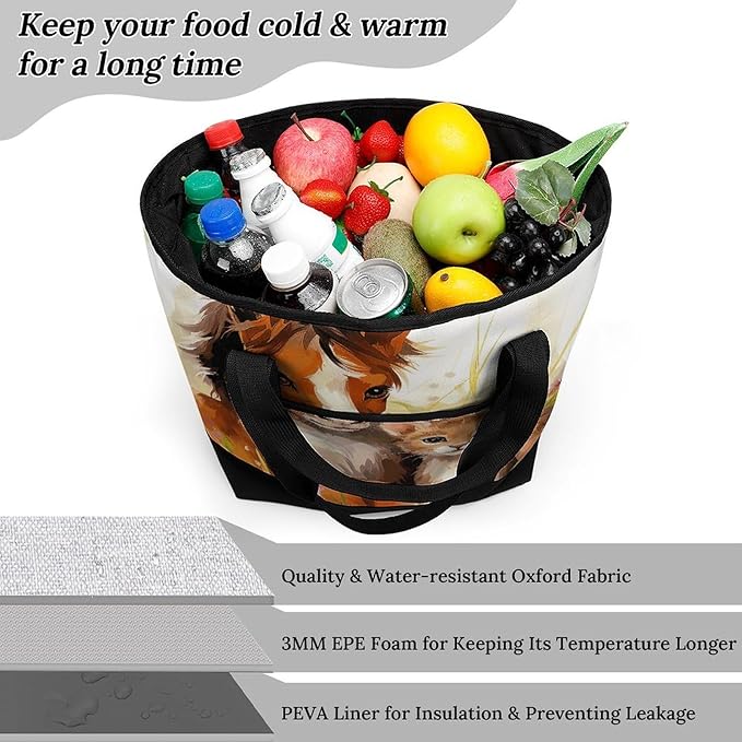 Insulated Shopping BagLarge Reusable Cooler Bags Cute Horse And Cat Printed Foldable Shopping BagTravel Waterproof Shoulder Bag