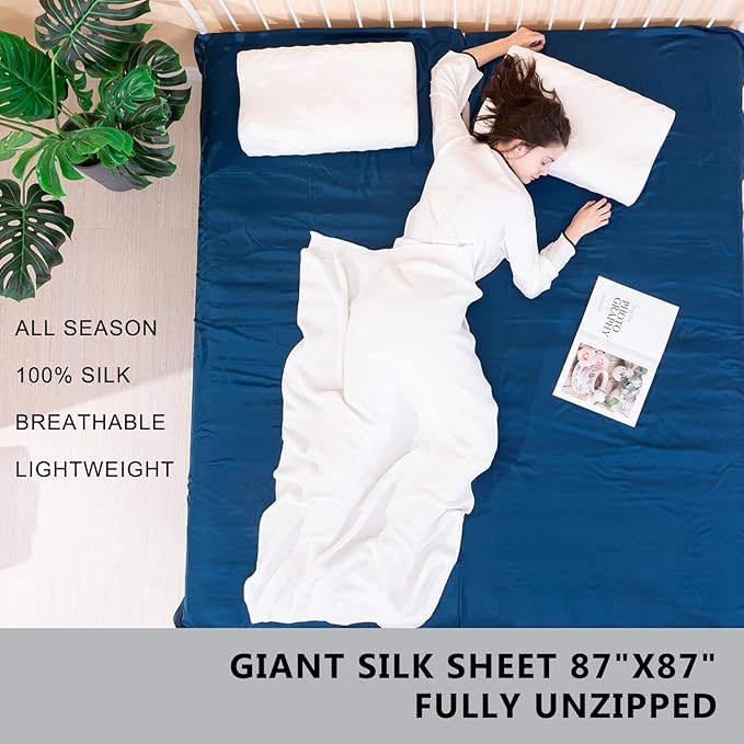 100% Silk Sleep Sack with Zippers on 3 Sides 87”x43” Large Sleeping Liners for Hotels Travel &amp Camping Multifunctional Travel Sheets (Unzipped:87”x87”) for Adults Lightweight All Seasons
