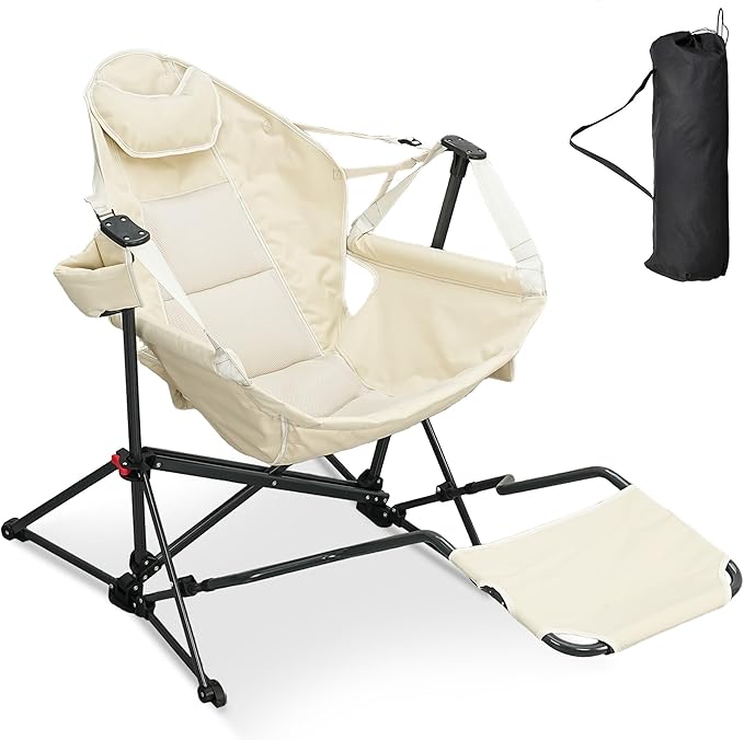 Ainfox Hammock Chair with Footrest Oversized Swinging Portable Folding Camping Chairs for Adults Outside Swinging Camp with Cup Holder Pillow for Outdoor Patio Lawn Beige
