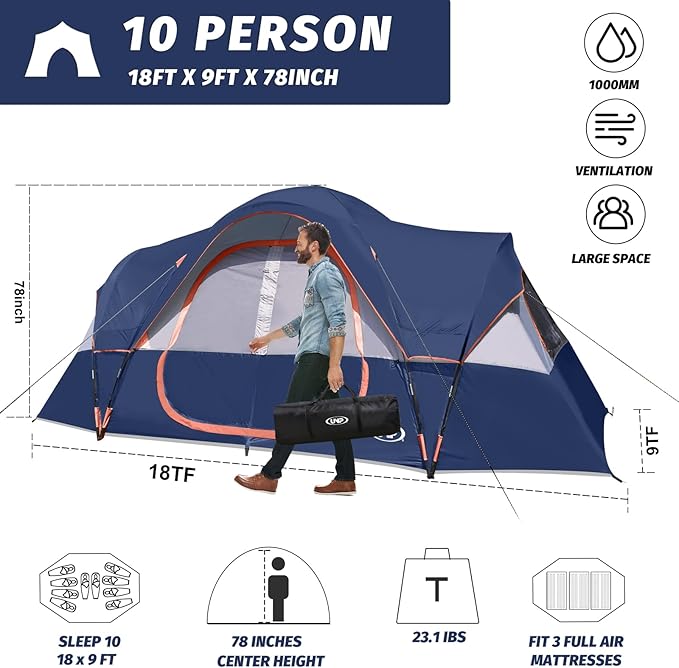 UNP Camping Tent 10-Person-Family Tents Parties Music Festival Tent Big Easy Up 5 Large Mesh Windows Double Layer 2 Room Waterproof Weather Resistant 18ft x 9ft x78in