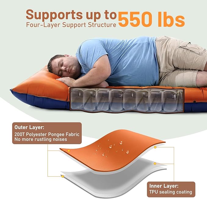 KASBAH Camping Sleeping PadExtra Wide 6 inch Thick Inflatable Sleeping Pads with Built-in Foot Pump and PillowUltralight Camping Mat Gear for Outdoor HikingCamping