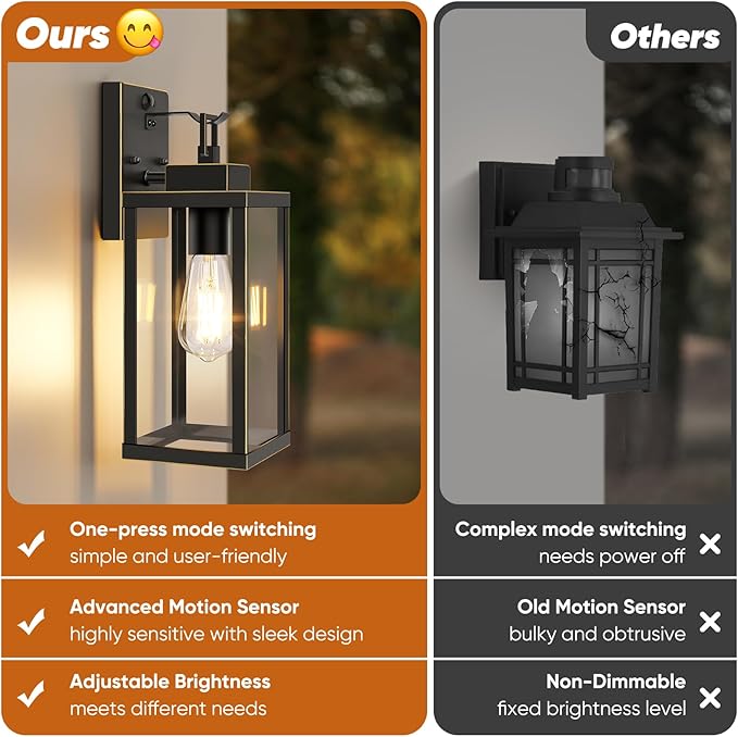 BesLowe 14” Upgraded Motion Sensor Outdoor Wall Lights Dusk to Dawn Porch Lights Outdoor Wall Sconces 3 Lighting Modes Exterior Lighting Fixtures with Hooks Bronze Outside Lights for House 2-Pack