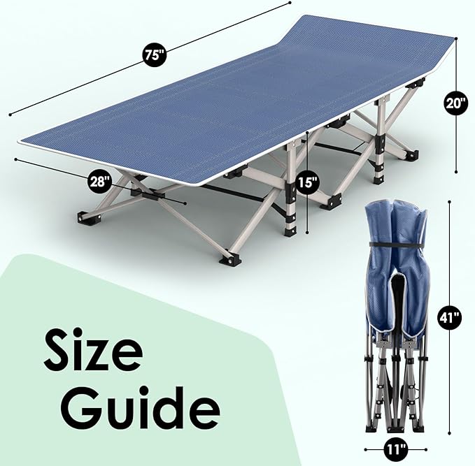 Suteck Camping Cot Folding Camping Cot Bed for Adults Sleeping 1200D Double Layer Oxford Portable Folding Outdoor Cots for Camping W/Soft Pad Carry Bag for Home Office Nap Beach Travel 500LBSBlue
