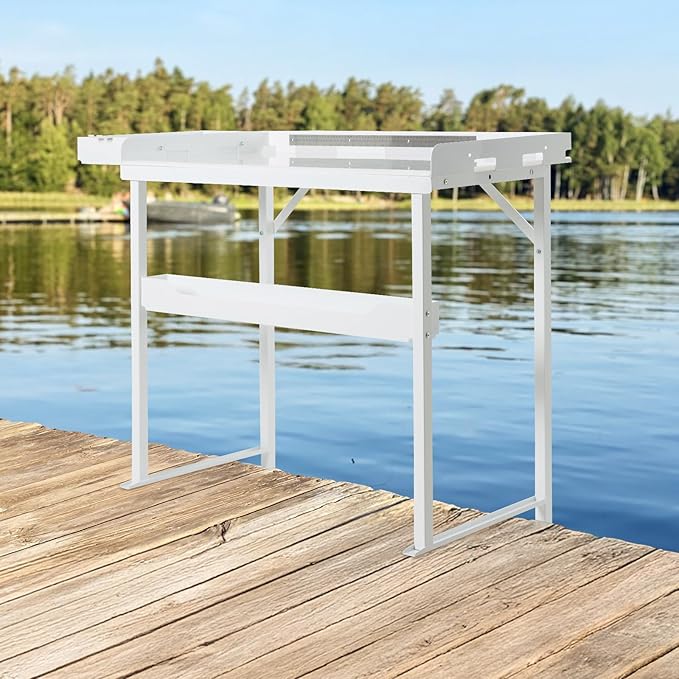 Professional Heavy-Duty Dock-Mounted Fish Fillet Table Corrosion-Resistant Ergonomic Dock Cleaning Station with HDPE Cutting Board &amp Tool Storage
