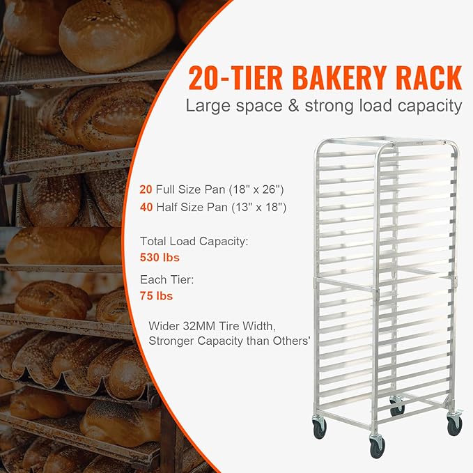 VEVOR Bun Pan Rack 20-Tier Commercial Bakery Racks with Brake Wheels Aluminum Racking Trolley Storage for Half &amp Full Sheet Speed Rack For Kitchen Home Bread Baking Equipment 26L x 20.4W x