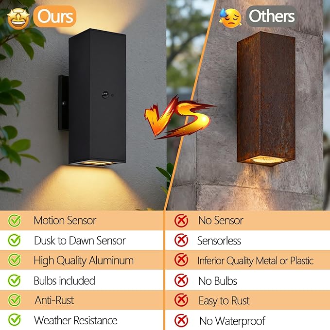 wowlite Motion Sensor Outdoor Wall Lights Dusk to Dawn Outdoor Lighting with E26 Bulbs Included 3 Lighting Modes Black Exterior Lighting Fixtures Aluminum Outside Lights for House Porch Yard 2 Pack