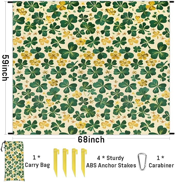 Waterproof Sandproof Beach Blanket 59''×68'' Plants Clover Polyester Outdoor Picnic Blanket with 4 Stakes &amp Storage Bag for BeachCampingVacation Yellow and Green
