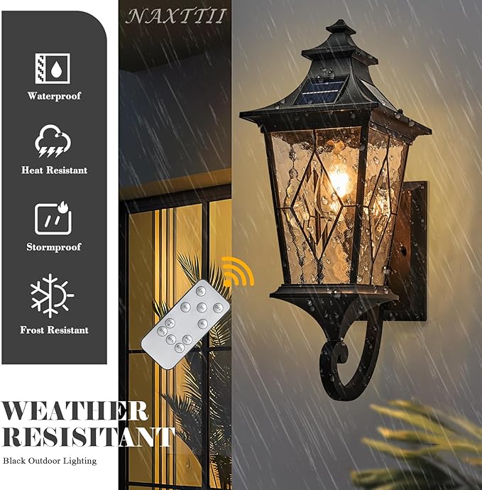 Solar Exterior Front Porch Light with Water Ripple Handmade Solder Glass Dusk to Dawn Solar Sconce Lights Outdoor 20.9 Inch Height Large Size Waterproof Include Remote Control and LED Bulb