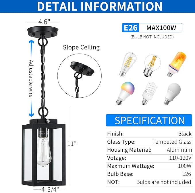 11'' Dusk to Dawn Outdoor Pendant Light Modern Outside Chandelier Outdoor Hanging Lantern Light Matte Black with Clear Glass Exterior Pendant Lighting Fixture for Porch Yard Gazebo 1Pack (Small)