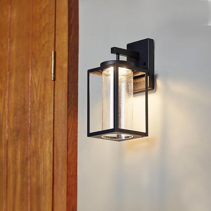 Globe Electric 44359 Capulet LED Integrated Outdoor Indoor Wall Sconce Black Clear Bubble Glass Center Column Dimmable 12W 850 Lumens