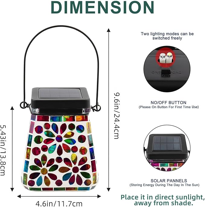 VOREEN Mosaic Glass Solar Lantern &amp Table Lamp 600mAh Solar Powered Outdoor Light Dual Modes Warm White &amp RGB Waterproof IP44 Garden Patio Yard Decor Handmade Gift for Women Mom Friends