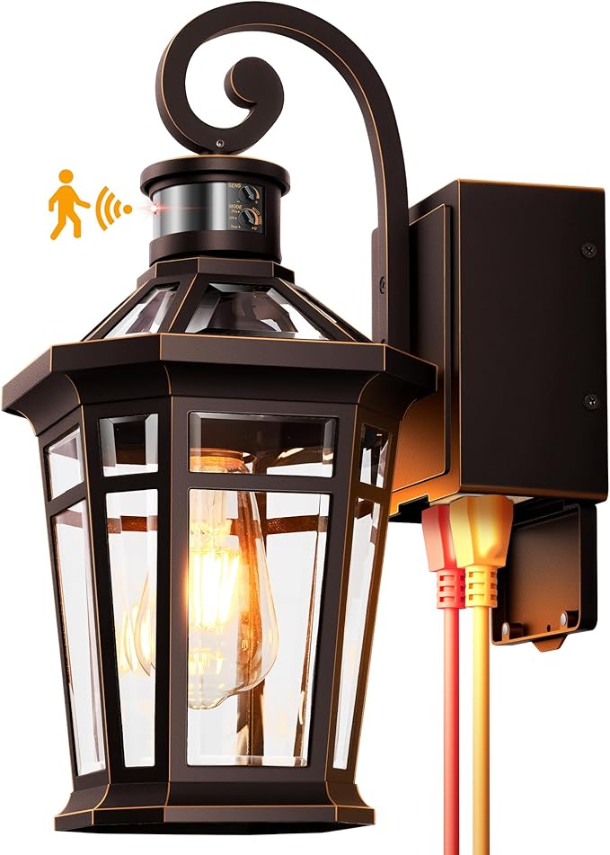 Motion Sensor Porch Light with GFCI Outlet Oil Rubbed Bronze Outdoor Light Fixture with Outlet Anti-Rust Exterior Wall Light Lantern Waterproof Outdoor Sconces Wall Lighting for Garage Home