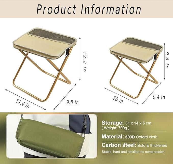 Foldable Pocket Backpack Stool Ultralight Portable Camping Hiking Chair Waterproof Oxford Fabric Compact Collapsible Travel Seat for Backpacking Fishing Outdoors (KhakiLarge)