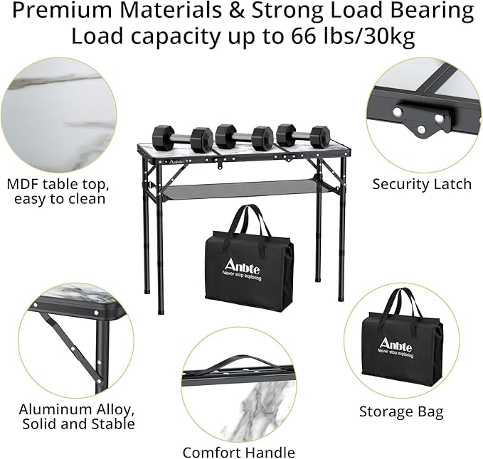 Anbte Folding Camping Table Aluminum Small Folding Table 3 Adjustable Height Max 27.5 Portable Table with Carry Handle Lightweight for Outdoor Indoor Travel Camping Picnic BBQ 34.6 x 15.7