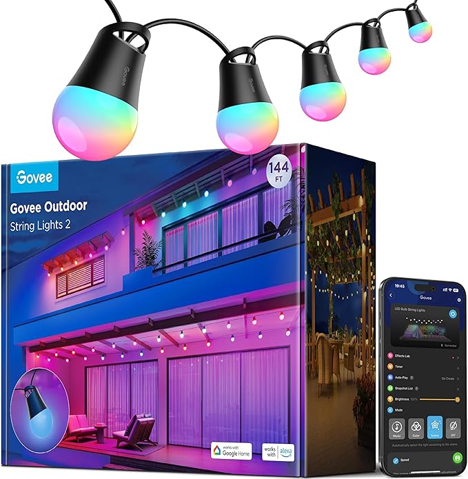 Govee Smart Outdoor String Lights 2 144ft Outdoor Lights with Dimmable Warm White LED Bulbs 47 Scene Modes for Patio Backyard Balcony IP65 Waterproof Works with Alexa App Control