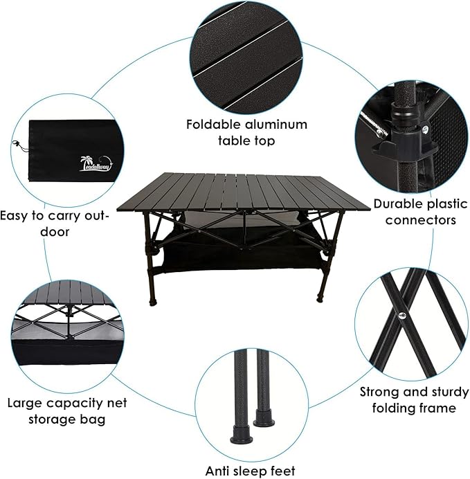 LEADALLWAY Folding Camping Table Low Picnic Table with Large Storage and Carrying Bags37.4×21.65×19.69inchs