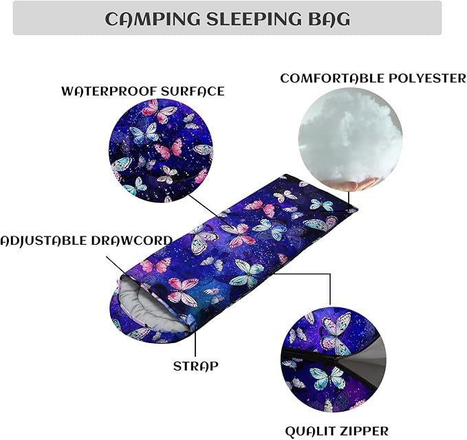 Sleeping Bags for Adults Youth Kids3D Printing Camping Sleeping Bag for Girls Boys Lightweight Waterproof Cold/Warm Weather Sleeping Bag for 3 Seasons