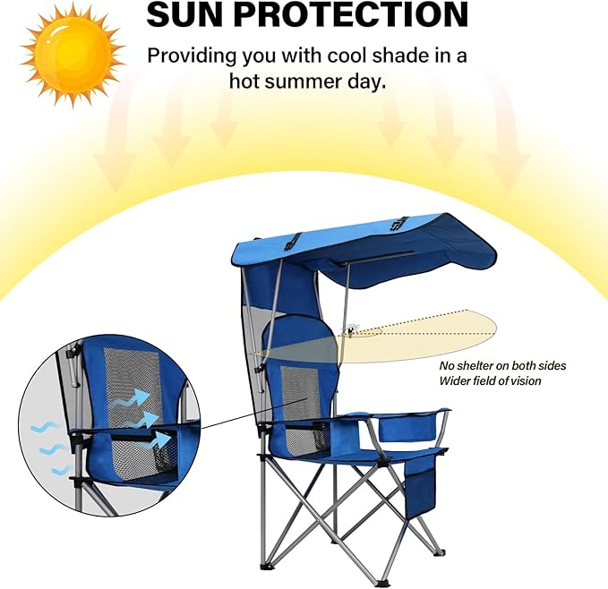 PLKO Camping Chairs with Canopy Portable Quad Lawn Chair for Adults Folding Recliner Chair with Cup Holder Outdoor Events and Shade- Support 330 LBS
