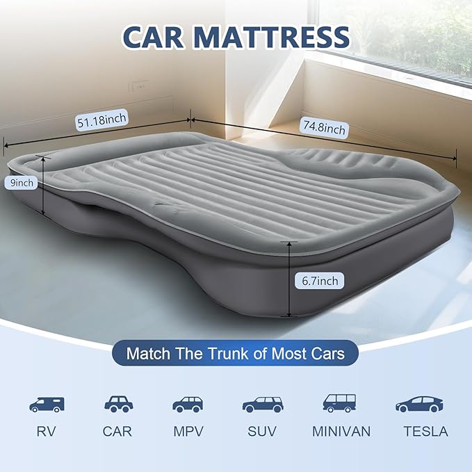 Self-Inflating SUV Air Mattress with Built in Electric Pumpcar air Mattress with Pillow for TrunkPortable car Mattress for Travle and Camping Gray