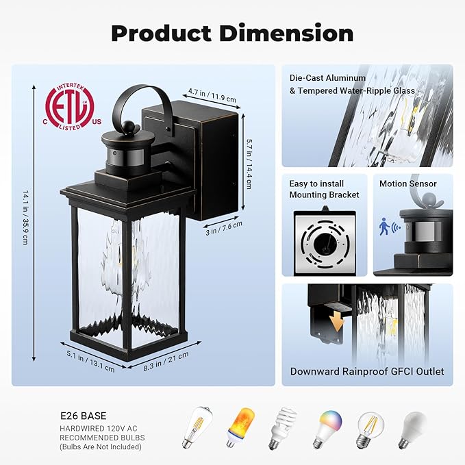 Outdoor Wall Sconce Lights with GFCI Outlet Modern Black Gold Trim Motion Sensor Outdoor Garage Lights Wall Mount Sconce Lantern Die-cast Aluminum Exterior Lighting Fixtures for House Porch
