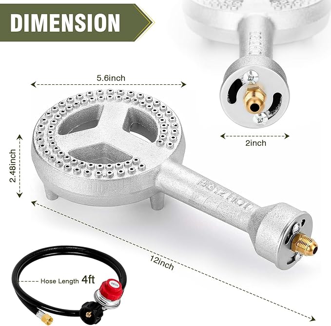 BESTFIRE High Pressure Cast-Iron Propane Burner HeadRound Burner Head with 20 PSIG Adjustable High Pressure Propane Regulator with Hose and Brass Fitting for Propane Burner Head for Cooking Outdoor