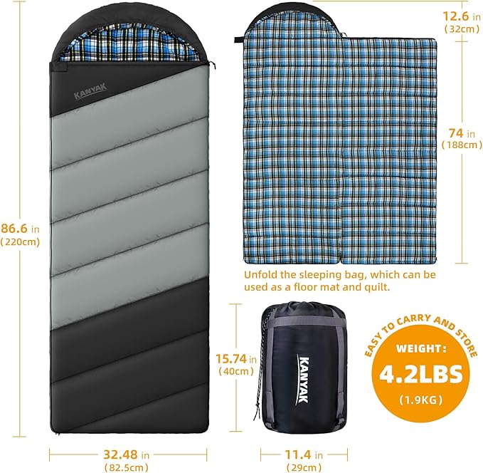 Cotton Flannel Lined Sleeping Bag for Adults Teens Kids Cold Weather &amp Warm 3 Seasons Lightweight Compact Camping Essentials Equipment Hiking Outdoor Travel