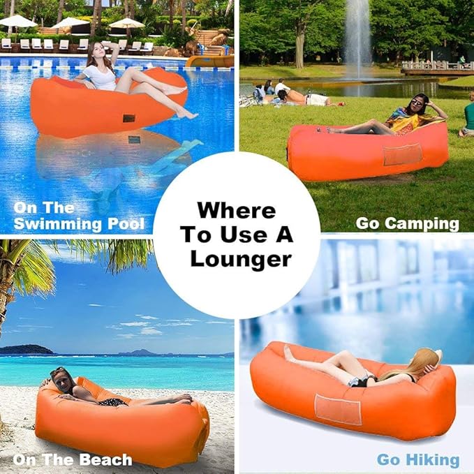 Inflatable Lounger Air Chair Sofa Bed Sleeping Bag Couch for Beach Camping Lake Garden (Orange)