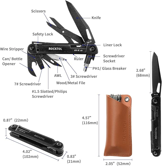 ROCKTOL Multitool Gen-R Lite Retro Black EDC Pocket Knife VG10 Blade Compact 15-in-1 Multi-tool with Screwdriver Large Scissors Glass Breaker Leather Sheath Lightweight for Hiking Camping