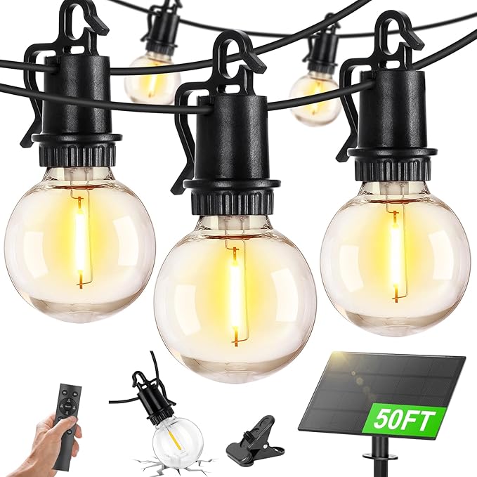 ZJOJO Solar Outdoor String Lights Waterproof 50FT G40 Globe Patio Lights String Lights Solar Powered with 25 Edison Bulbs 2700K Shatterproof Hanging Lights for Porch Backyard Pergola Bistro