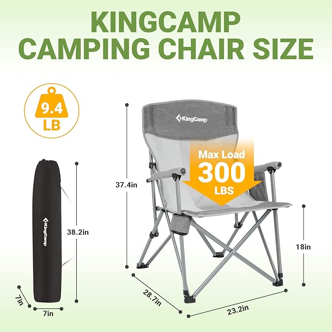 KingCamp Oversized Heavy Duty Outdoor Camp Lightweight Portable Lawn Chair Sturdy Steel Frame Supports 300 lbs with Cup Holder for Sports Fishing Picnic one Size Blue&ampGray