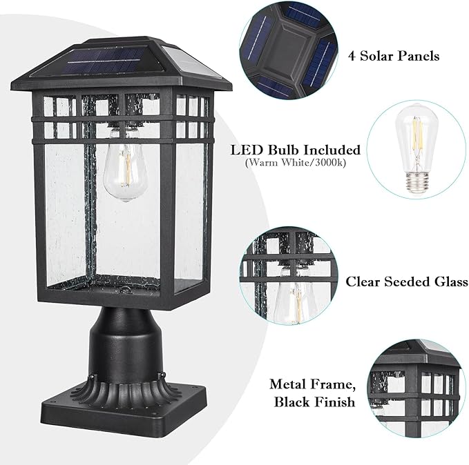 Solar Outdoor Post Light Fixture Modern Exterior Pillar Lantern with Black Finish &amp Seeded Glass Dusk to Dawn Outside Pole Light for Garden Backyard Courtyard Patio Pathway