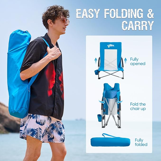 Old Bahama Bay Folding Beach Chair 2 Pack Beach Chairs for Adults Low Beach Camping Chair with Cup Holder Mesh Back for Outdoor Fishing Sand Lawn Supports up to 350lbs
