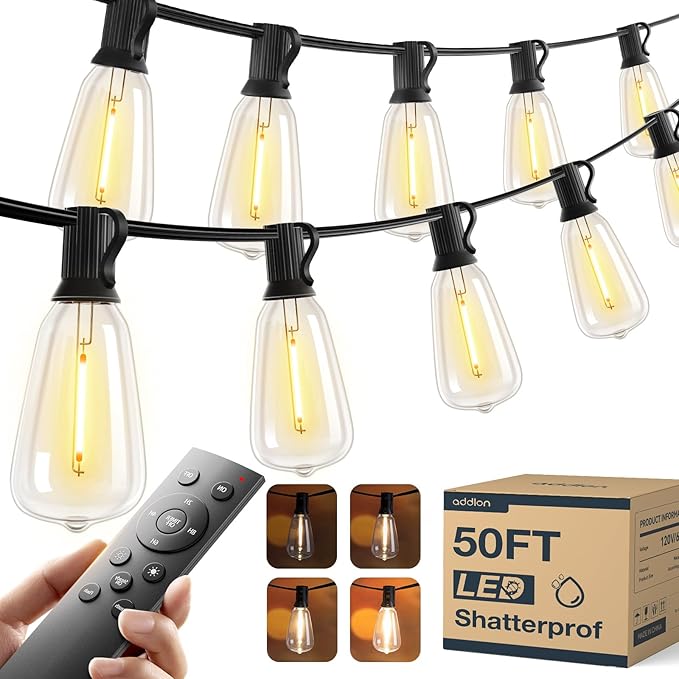 addlon 50FT LED Outdoor String Lights with Remote Waterproof Patio Lights with 16 Shatterproof ST38 Replaceable Bulbs(1 Spare) Dimmable Outside Hanging Light Connectable for Porch Backyard
