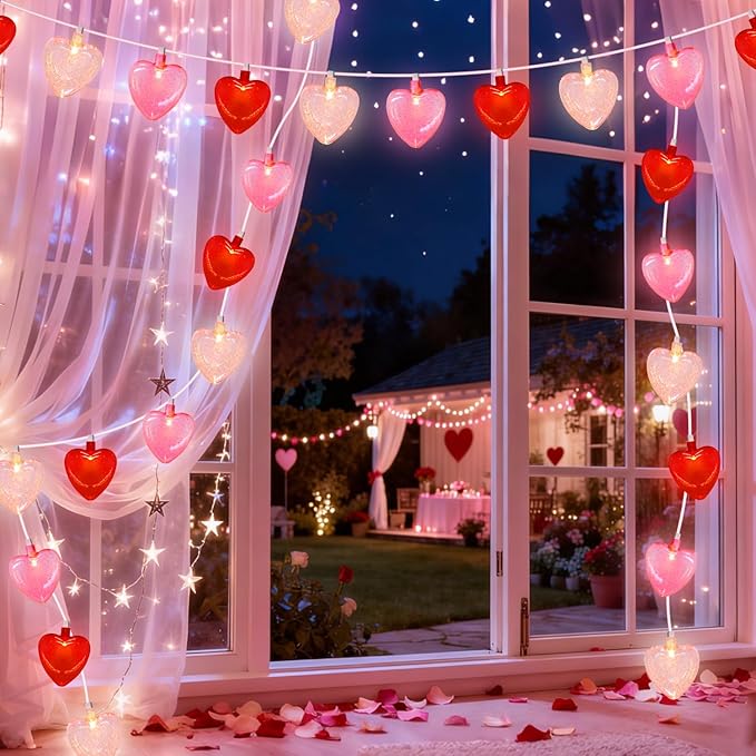 20 LED Valentine's Day Decorations Heart Lights 12Ft Heart String Lights Outdoor Waterproof with 20 LED Red Pink White Hearts Shaped with Glitter for Room Door Windows Fence Valentines Day Decor