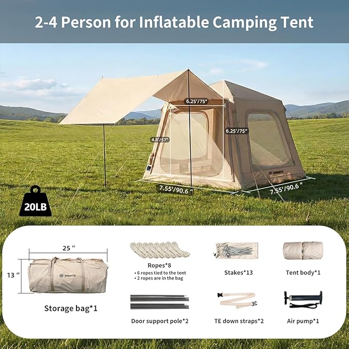 Inflatable Tent for Camping Blow Up Waterproof Oxford Cabin Tents with Hand Pump Easy Setup 4 Season Air Tent Luxury Outdoor Glamping Windproof Tents 2-4 Person