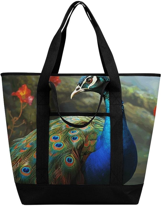 Insulated Shopping BagLarge Reusable Cooler Bags Colorful Peacock Printed Foldable Shopping BagTravel Waterproof Shoulder Bag