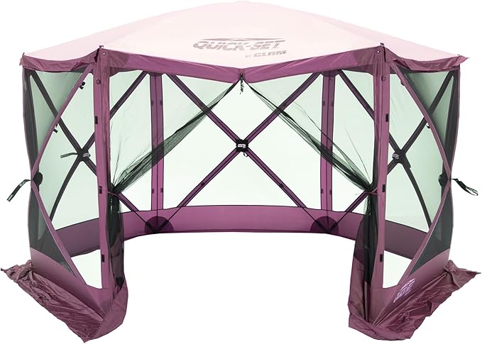 CLAM Pop-Up Screen Tent 11.5' Outdoor Camping Gazebo Portable 6-Sided Canopy with Ground Stakes &amp Carry Bag Escape Plum