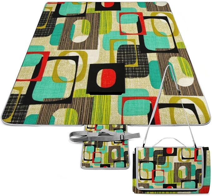 Vintage Mid Century Modern Lime Atomic Pattern Waterproof Outdoor Picnic Blanket Sandproof Beach Mat for Camping Hiking Grass Travelling